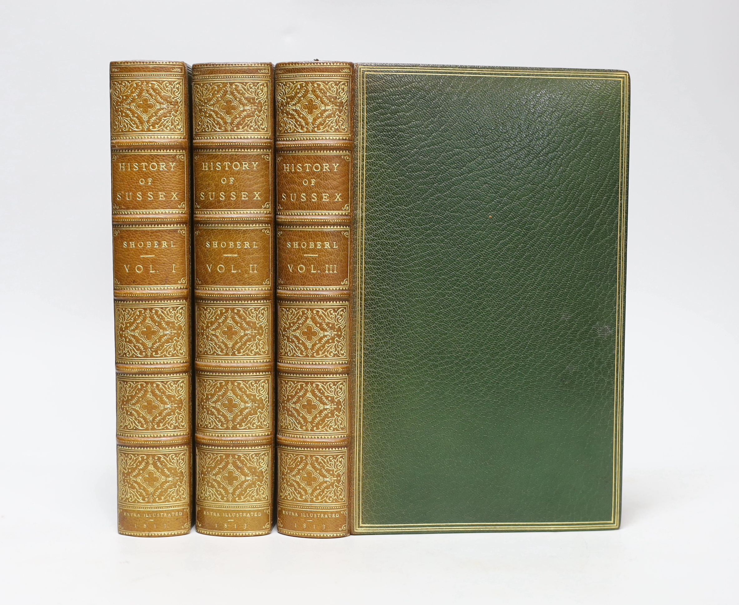 SUSSEX - Shoberl, Frederick - A Topological and Historical Description of the County of Sussex, 3 vols, extra illustrated from other works, 8vo, fine green morocco gilt by Lucien Broca, with marbled endpapers, with 6 map